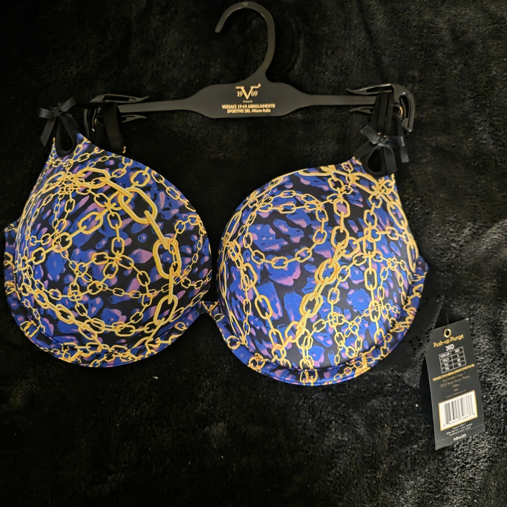 Versace Chain-Print Underwire Bra in Purple & Gold